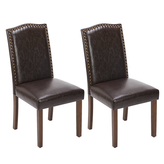 CONCETTA Set of 2 Nailhead Trim Parsons Chairs - Stylish Leather Dining Chairs with Wood Legs, Dark Brown