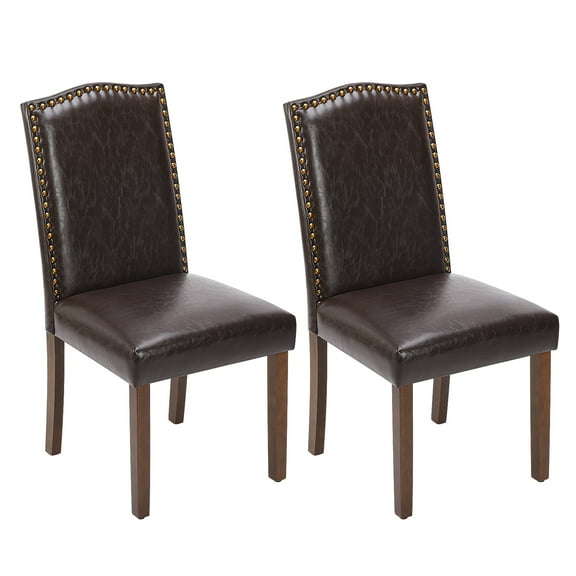 CONCETTA Set of 2 Nailhead Trim Parsons Chairs - Stylish Leather Dining Chairs with Wood Legs, Dark Brown