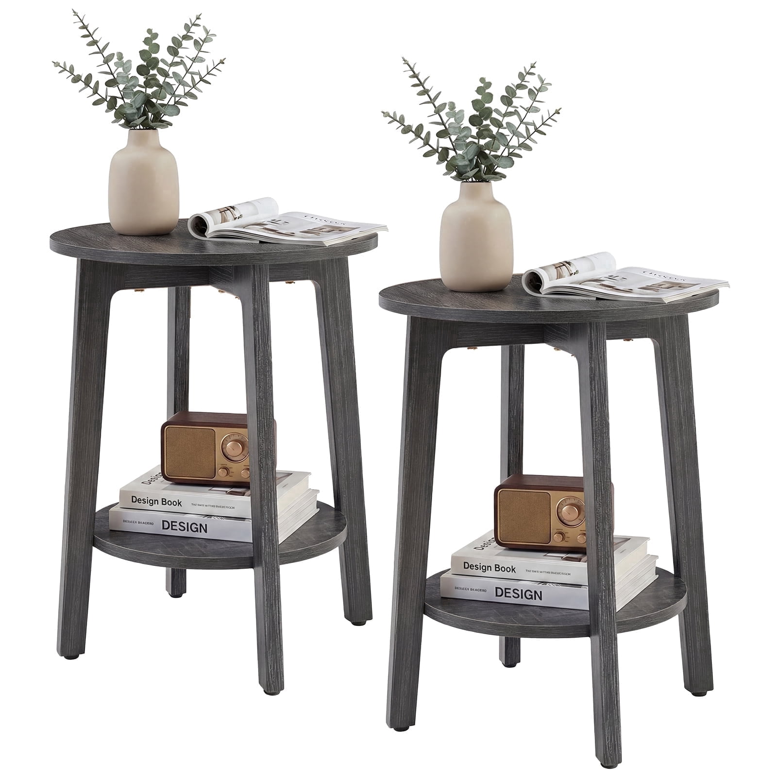CONCETTA Set of 2 Round 2-Tier Bedside Nightstand, Side End Tables with Tapered Legs, Gray