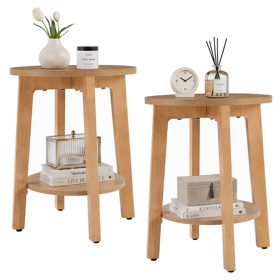CONCETTA 2-Tier Wood End Table Set of 2, Small Round Nightstand with Tapered Legs, Natural Wood