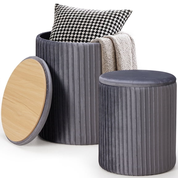 CONCETTA Set of 2 Round Storage Ottomans, Vanity Stools with Hidden Storage for Bedroom, Living Room or Coffee Table Use, Gray