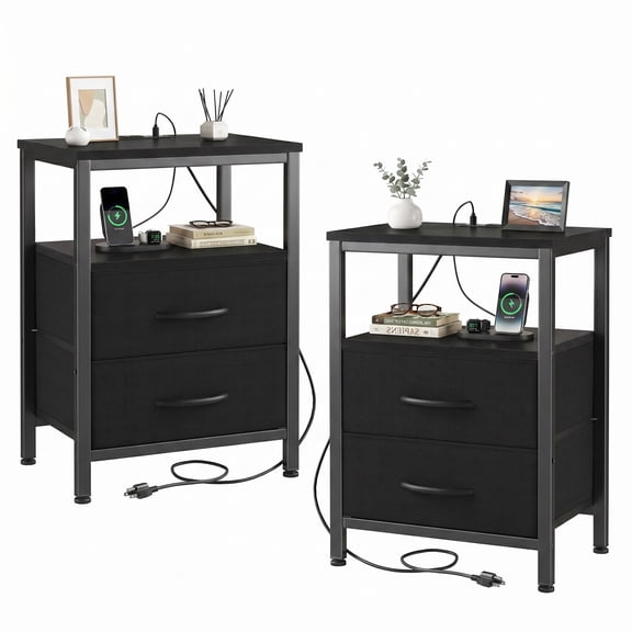 CONCETTA Set of 2 Small Nightstand with Charging Station, 2 Fabric Drawer, End Table with USB Ports and Outlets for Bedroom, Black