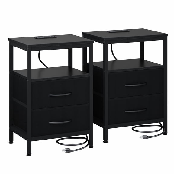 CONCETTA Set of 2 Small Nightstand with Charging Station, 2 Fabric Drawer, End Table with USB Ports and Outlets for Bedroom, Black