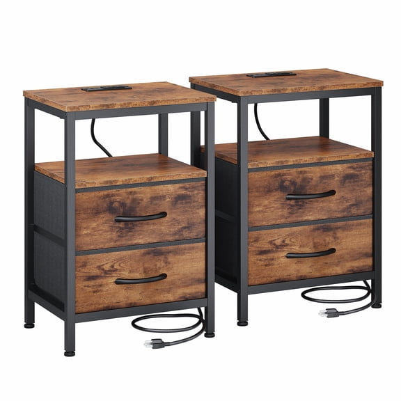 CONCETTA Set of 2 Small Nightstand with Charging Station, 2 Fabric Drawer, End Table with USB Ports and Outlets for Bedroom, Rustic Brown