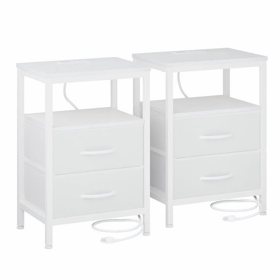 CONCETTA Set of 2 Small Nightstand with Charging Station, 2 Fabric Drawer, End Table with USB Ports and Outlets for Bedroom, White