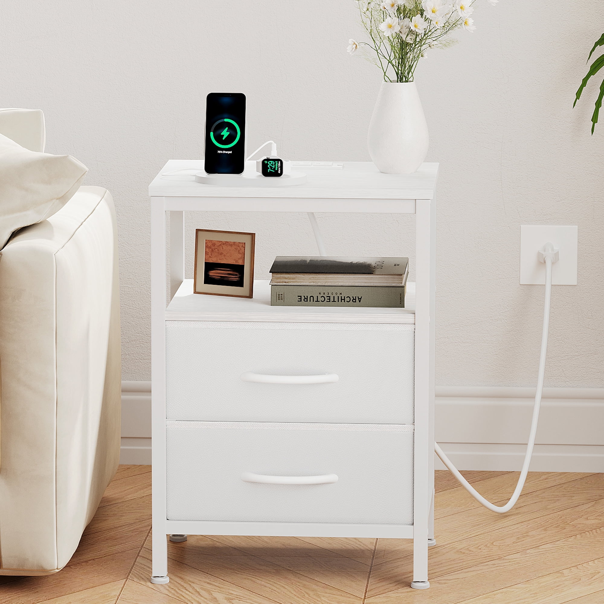 CONCETTA Set of 2 Small Nightstand with Charging Station, 2 Fabric Drawer, End Table with USB Ports and Outlets for Bedroom, White