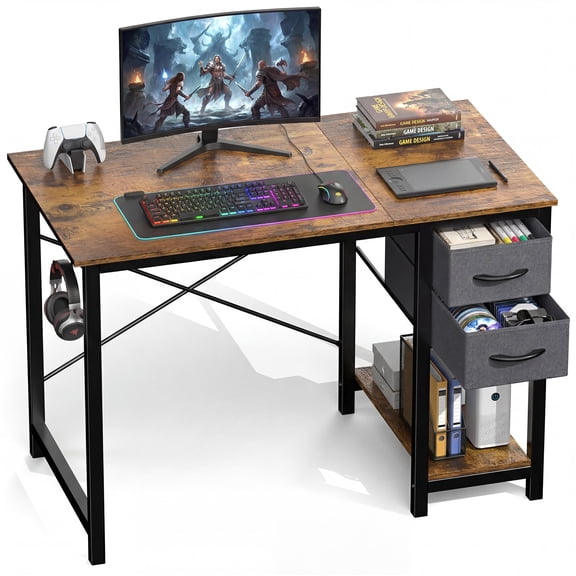 CONCETTA 40in Small Computer Desk with 2 Drawers, Writing Work Study Computer Desk, Side Headphone Hook, Modern Style for Home Bedroom, Rust Brown