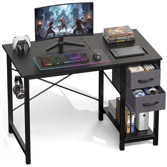 CONCETTA Small Computer Desk with 2 Drawers, 40 Inch Writing Work Study Computer Desk, Side Headphone Hook, Modern Style for Home Bedroom, Black Wood