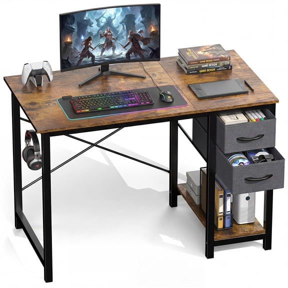 CONCETTA Small Computer Desk with 2 Drawers, 40 Inch Writing Work Study Computer Desk, Side Headphone Hook, Modern Style for Home Bedroom, Rust Brown