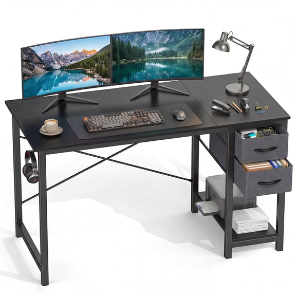 CONCETTA Small Computer Desk with 2 Drawers, 47in Writing Work Study Computer Desk, Side Headphone Hook, Modern Style for Home Bedroom, Black Wood