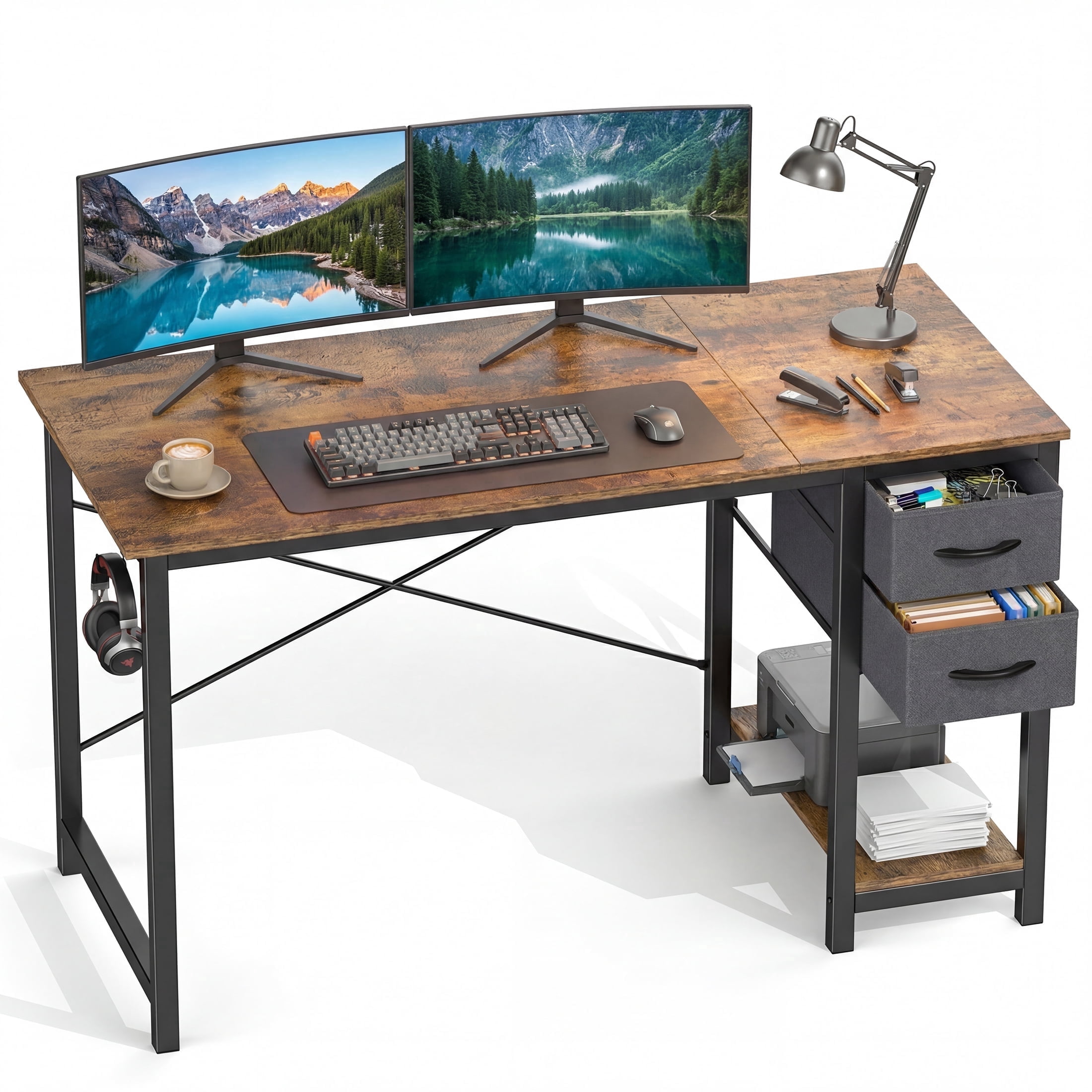 CONCETTA 47in Small Computer Desk with 2 Drawers, Writing Work Study Computer Desk, Side Headphone Hook, Modern Style for Home Bedroom, Rust Brown