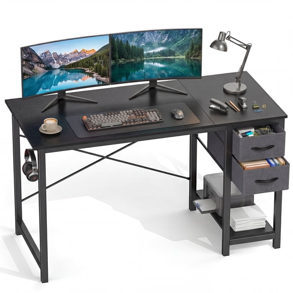 CONCETTA 47in Small Computer Desk with 2 Drawers, Side Headphone Hook, Writing Work Study Desk for Home, Black Wood