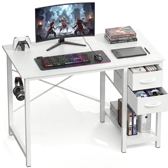 CONCETTA 40in Small Computer Desk with 2 Drawers, Writing Work Study Computer Desk, Side Headphone Hook, Modern Style for Home Bedroom, White
