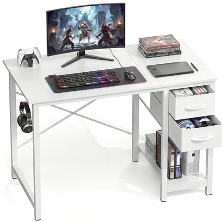 CONCETTA Small Computer Desk with 2 Drawers, 40 Inch Writing Work Study Computer Desk, Side Headphone Hook, Modern Style for Home Bedroom, White