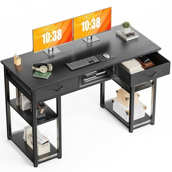CONCETTA 48 inch Small Desk with Fabric Drawers & Storage Shelves, Computer Desk, Writing Desk for Home Office, Bedroom, Black