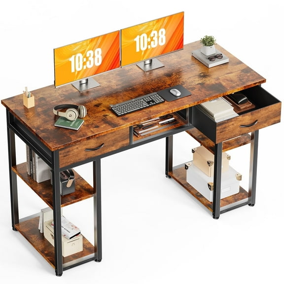 CONCETTA 48 inch Small Desk with Fabric Drawers & Storage Shelves, Computer Desk, Writing Desk for Home Office, Bedroom, Rust Brown
