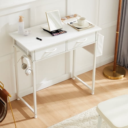CONCETTA 32 Inch Computer Desk, With Drawers Storage Bag Headphone Hook, Metal Frame Adjustable Feet, For Home Office Bedroom, White