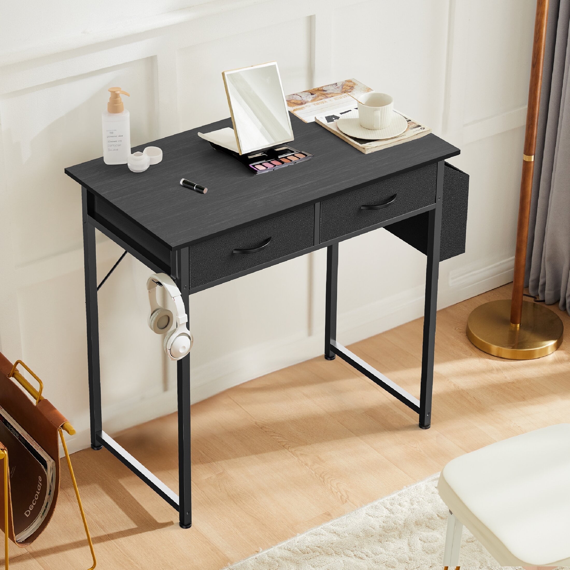 CONCETTA 32" Computer Desk with Drawers, Storage Bag, Headphone Hook, Metal Frame, Adjustable Feet for Home Office Bedroom, Black