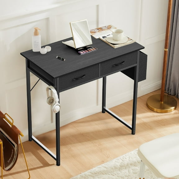 CONCETTA 32" Computer Desk with Drawers, Storage Bag, Headphone Hook, Metal Frame, Adjustable Feet for Home Office Bedroom, Black