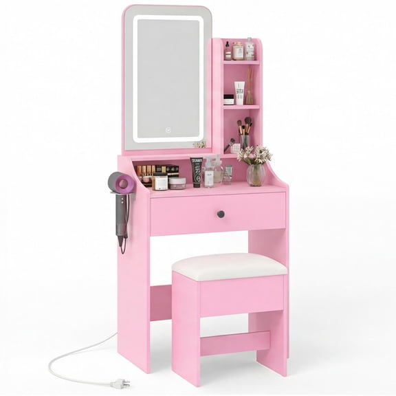 CONCETTA Small Makeup Vanity Desk with Dimmable Lighted Mirror, Vanity Table Set, Storage Drawers, Shelves & Stool for Bedroom, Pink