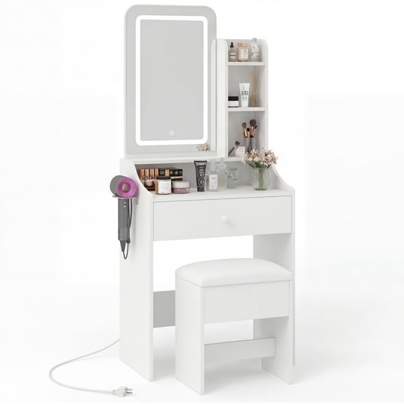 CONCETTA Makeup Vanity Desk Set with Dimmable Lighted Mirror, Storage Drawers, Open Shelves and Cushioned Stool, Modern Vanity Table Furniture for Bedroom, Dressing Table with Lighting, White