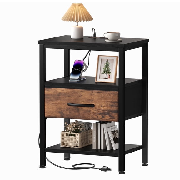 CONCETTA Small Night Stand with Charging Station, 1 Fabric Drawer, USB Ports and Outlets, Open Storage Shelf Bedside End Table for Bedroom, Black Brown