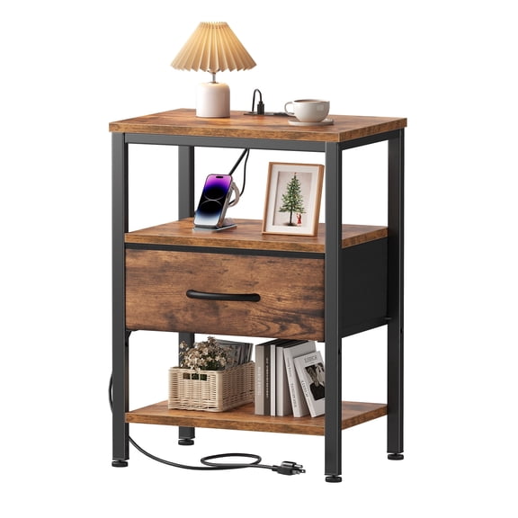 CONCETTA Small Night Stand with Charging Station, 1 Fabric Drawer, USB Ports and Outlets, Open Storage Shelf Bedside End Table for Bedroom, Rustic Brown