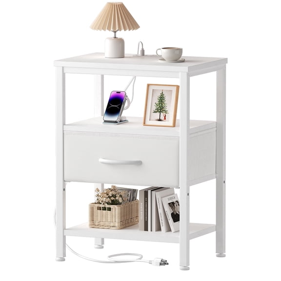 CONCETTA Small Night Stand with Charging Station, 1 Fabric Drawer, USB Ports and Outlets, Open Storage Shelf Bedside End Table for Bedroom, White