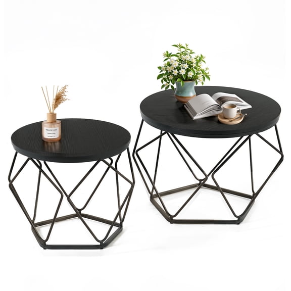 CONCETTA Small Round Coffee Table Set of 2, Nesting Side Tables for Living Room or Bedroom, Modern Accent End Tables,Black