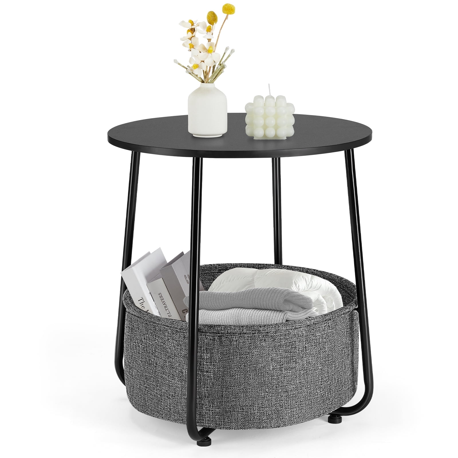 CONCETTA Small Round Side End Table with Fabric Storage Basket, Modern ...
