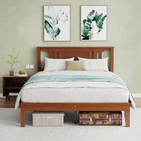 CONCETTA Solid Wood Platform Bed with Headboard, No Box Spring Needed, Wood Slat Support, Dark Brown Finish for Modern Bedroom, Full Size