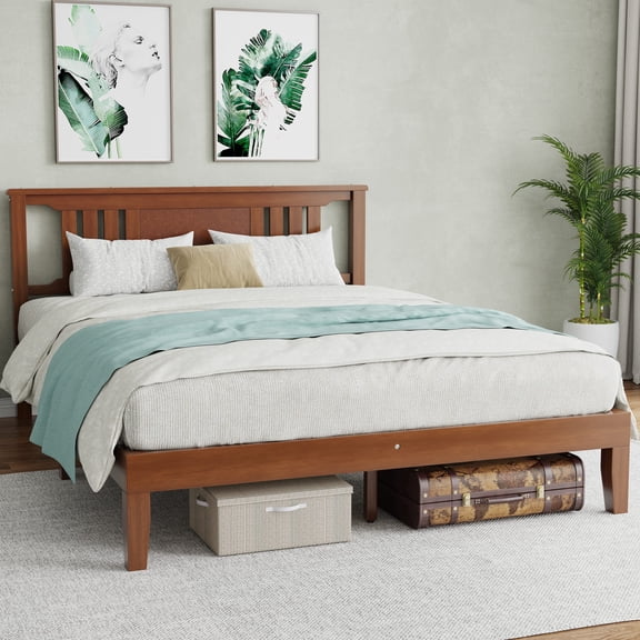 SHOUFTW Full Size Solid Wood Platform Bed with Headboard & 8”underbed storage, No Box Spring Needed, Wood Slat Support, Dark Brown Finish for Modern Bedroom