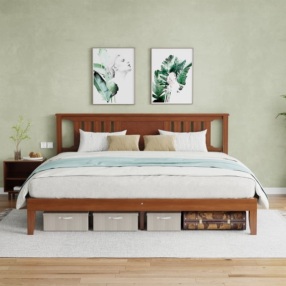 CONCETTA King Size Solid Wood Platform Bed with Headboard & 8”underbed storage, No Box Spring Needed, Wood Slat Support, Dark Brown Finish for Modern Bedroom