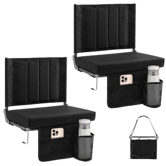 CONCETTA Stadium Seats with Back Support, 350 LBS Weight Capacity Thick Padded Bleacher Chair with Cup Holder, Storage Pocket, Padded Shoulder Strap & Built-in Handle for Sports Events, Black