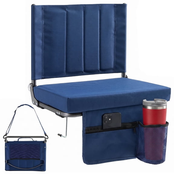 CONCETTA Stadium Seats with Back Support, 350 LBS Weight Capacity Thick Padded Bleacher Chair with Cup Holder, Storage Pocket, Padded Shoulder Strap & Built-in Handle for Sports Events, Navy Blue