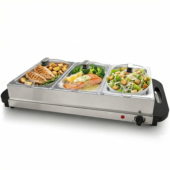 SHOUFTW 7.5-Qt. Stainless Steel Electric Warming Tray, 3 × 2.5-Qt. Buffet Server with Adjustable Temperature Control, Food Warmer for Parties, Holidays & Catering.