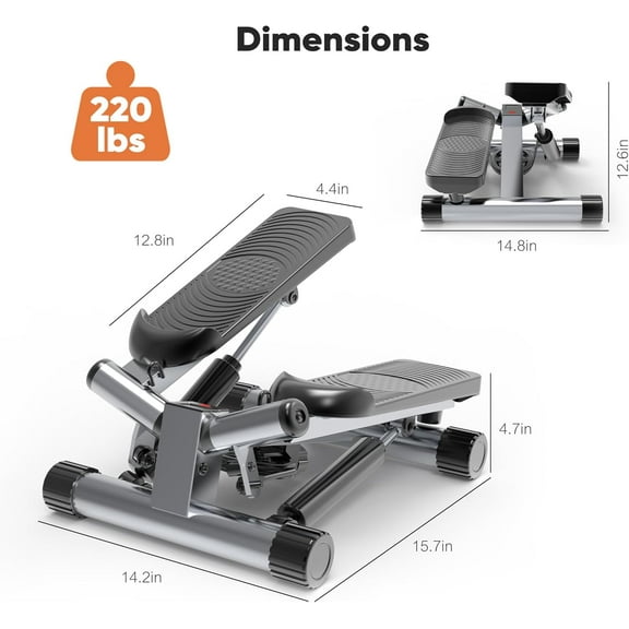 CONCETTA Steppers for Exercise, With Resistance Bands，Stepper Home Fitness Equipment with a Load Capacity of 300 Pounds,Hydraulic Fitness Stepper with LCD Monitor，Silver