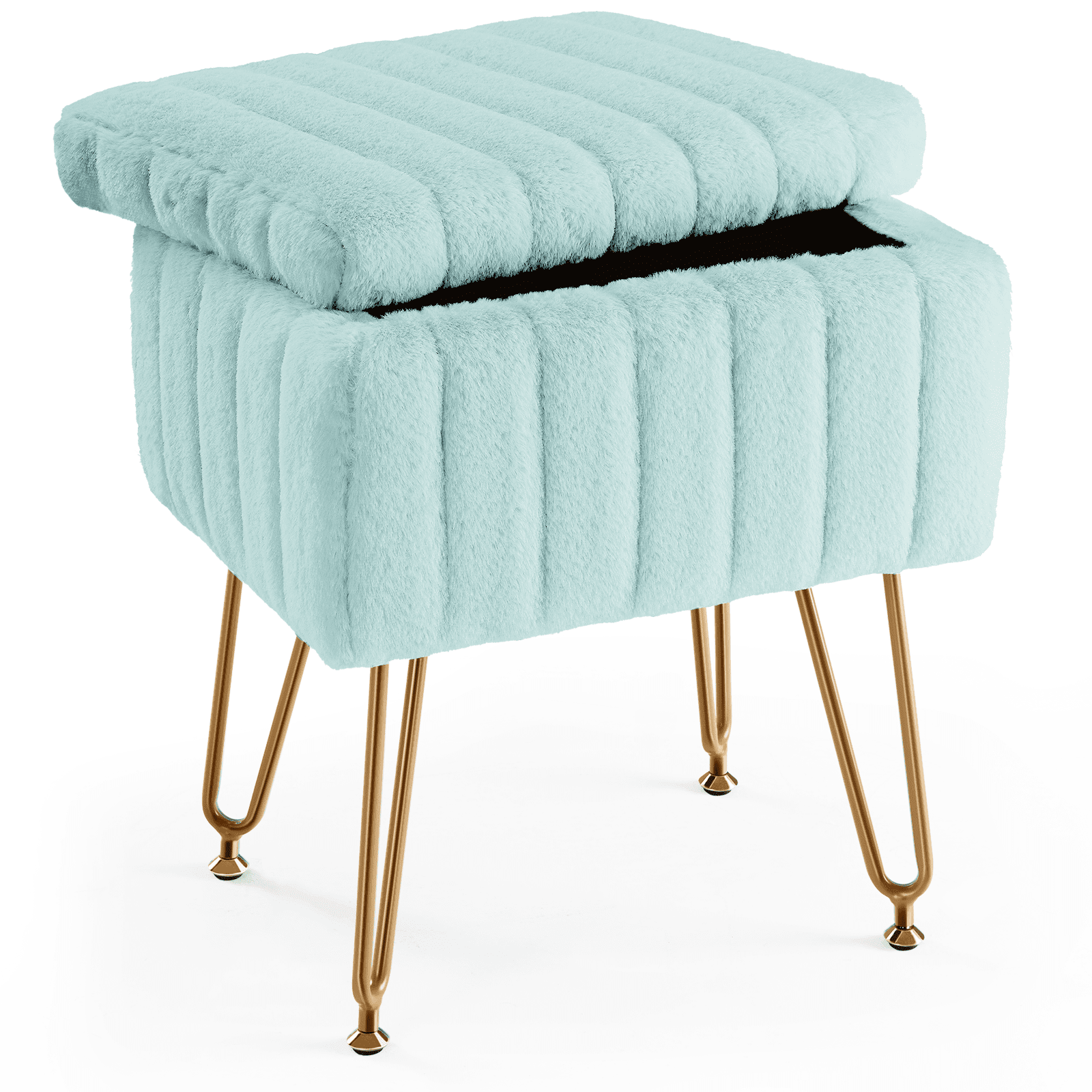 CONCETTA Storage Ottoman Bench, Faux Fur Vanity Footstool with Hidden Storage, Padded Seat & Adjustable Feet for Bedroom, Makeup Room, Entryway,Mint Green
