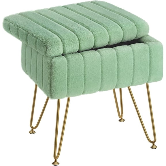 CONCETTA Storage Ottoman Bench, Faux Fur Vanity Footstool with Hidden Storage, Padded Seat & Adjustable Feet for Bedroom, Makeup Room, Entryway,Mint Green