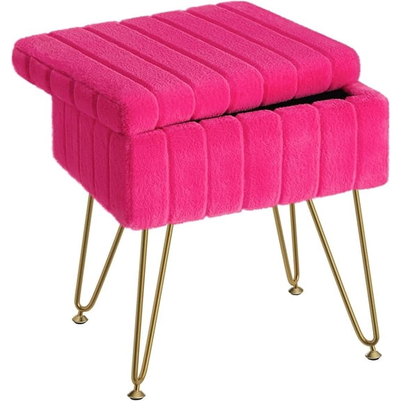 CONCETTA Storage Ottoman Bench, Faux Fur Vanity Footstool with Hidden Storage, Padded Seat & Adjustable Feet for Bedroom, Makeup Room, Entryway,Rose Red