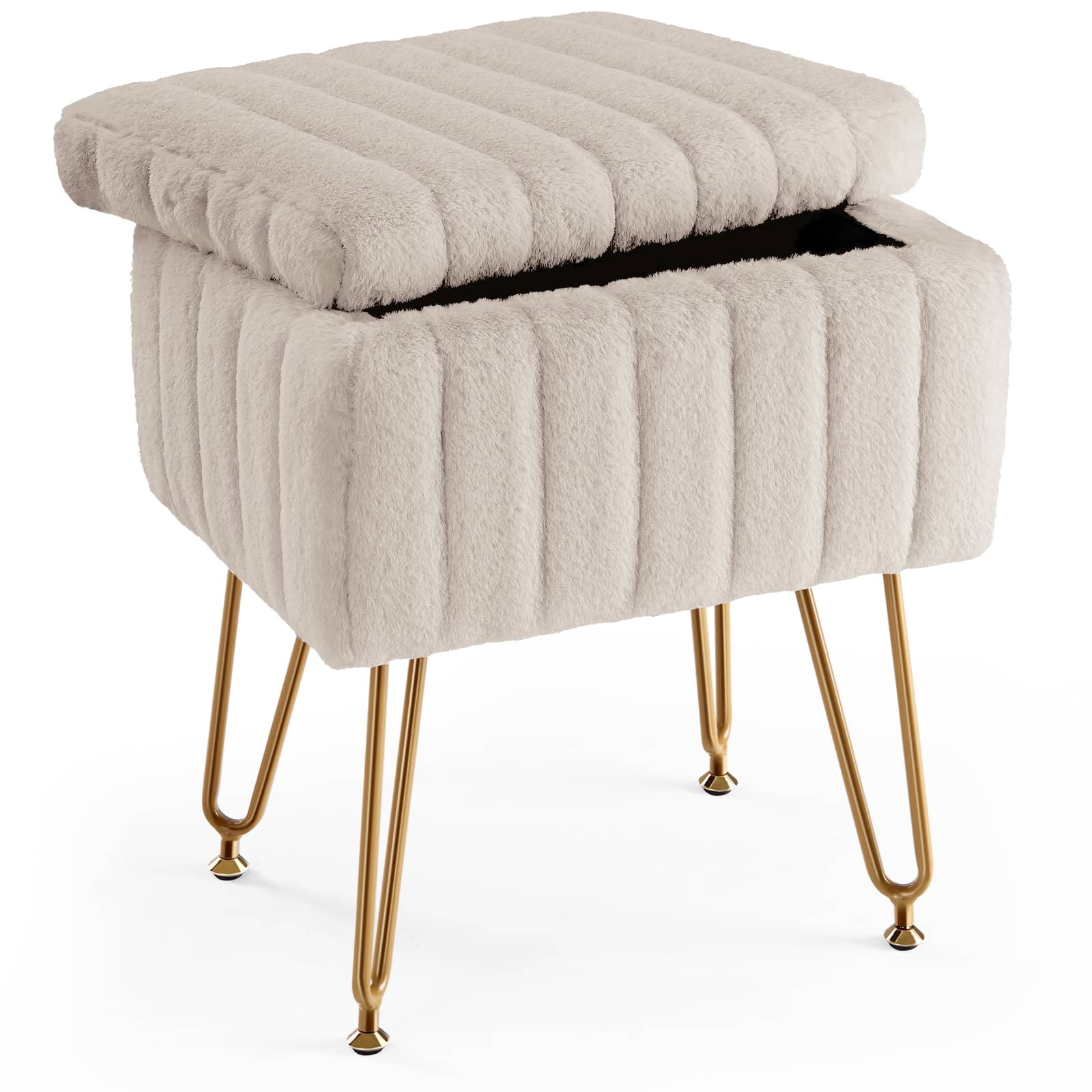 CONCETTA Storage Ottoman Bench, Faux Fur Vanity Footstool with Hidden Storage, Padded Seat & Adjustable Feet for Bedroom, Makeup Room, Entryway,Camel