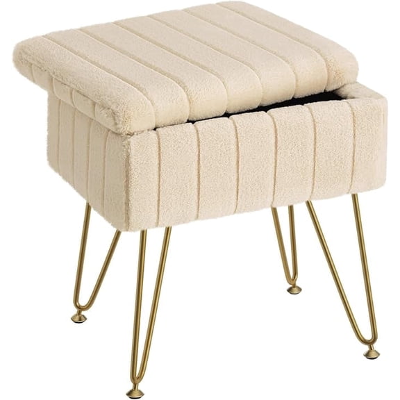 CONCETTA Storage Ottoman Bench, Faux Fur Vanity Footstool with Hidden Storage, Padded Seat & Adjustable Feet for Bedroom, Makeup Room, Entryway,Camel