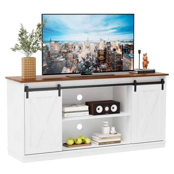 CONCETTA TV Stand, Storage Function, Mid-sized Farmhouse Style, Movable Sliding Door, white