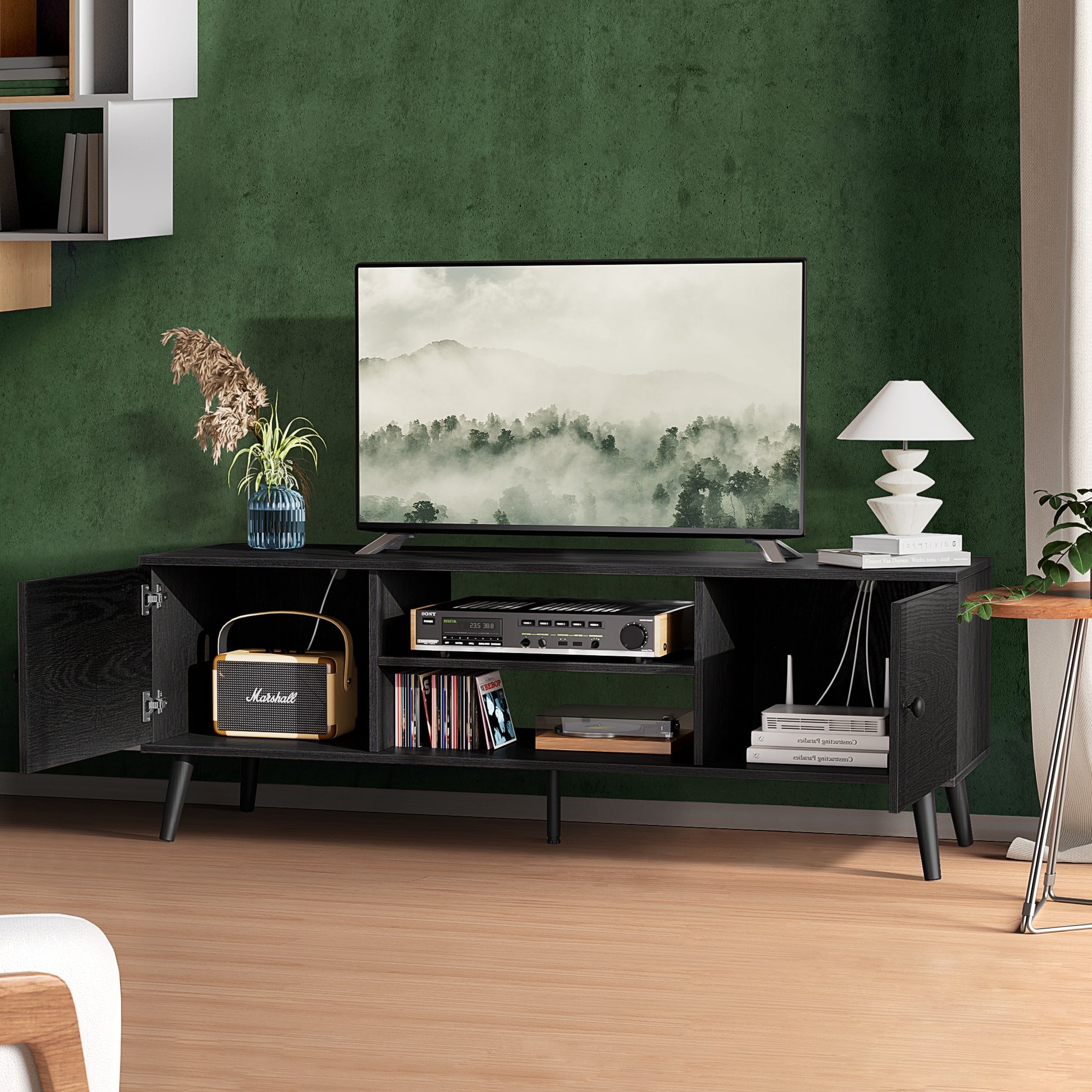 CONCETTA TV Stand for 55 60 inch Television, 2 Cabinet, Soft Hinge Door with Handle, Black
