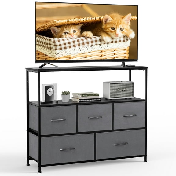 CONCETTA TV Stand with 5 Drawer Dresser for Bedroom, Storage Cabinet with 55 Inch TV Stand for Living Room, Gray