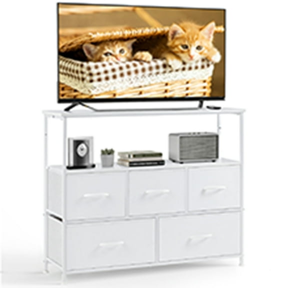 CONCETTA TV Stand with 5 Drawer Dresser for Bedroom, Storage Cabinet with 55 Inch TV Stand for Living Room, White