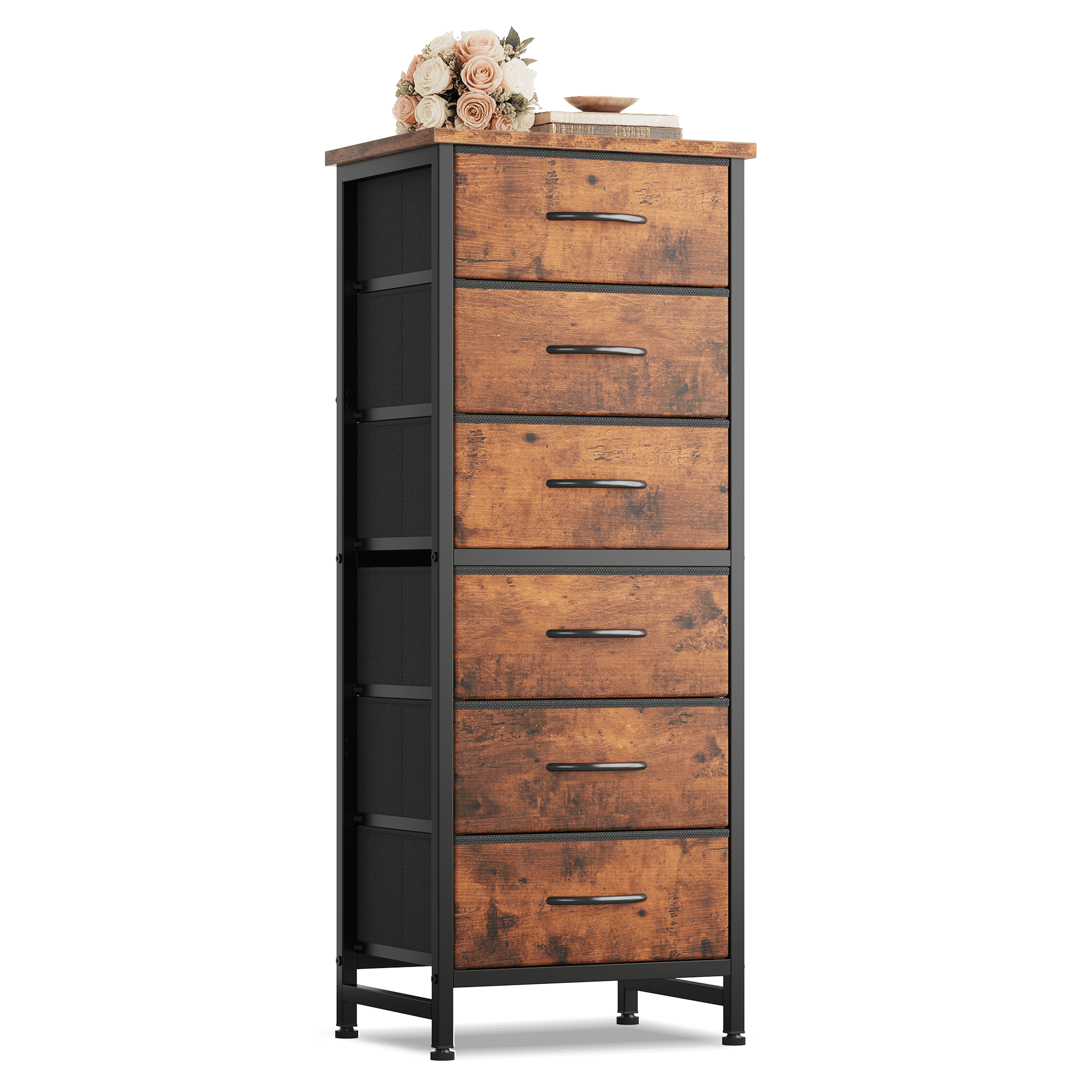 CONCETTA Tall Storage Dresser with 6 Fabric Drawers, Metal Frame with Cross Support Rods, Anti-Tip, Wood Top for Bedrooms, Offices and Compact Spaces, Rust