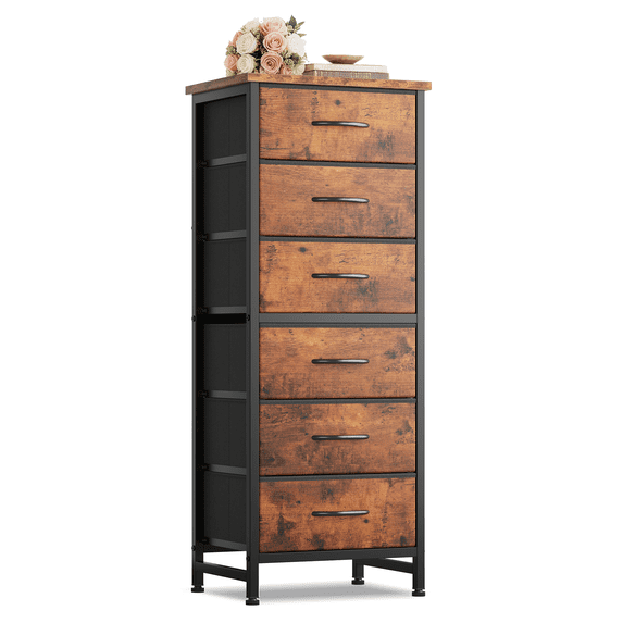 CONCETTA Tall Storage Dresser with 6 Fabric Drawers, Metal Frame with Cross Support Rods, Anti-Tip, Wood Top for Bedrooms, Offices and Compact Spaces, Rust
