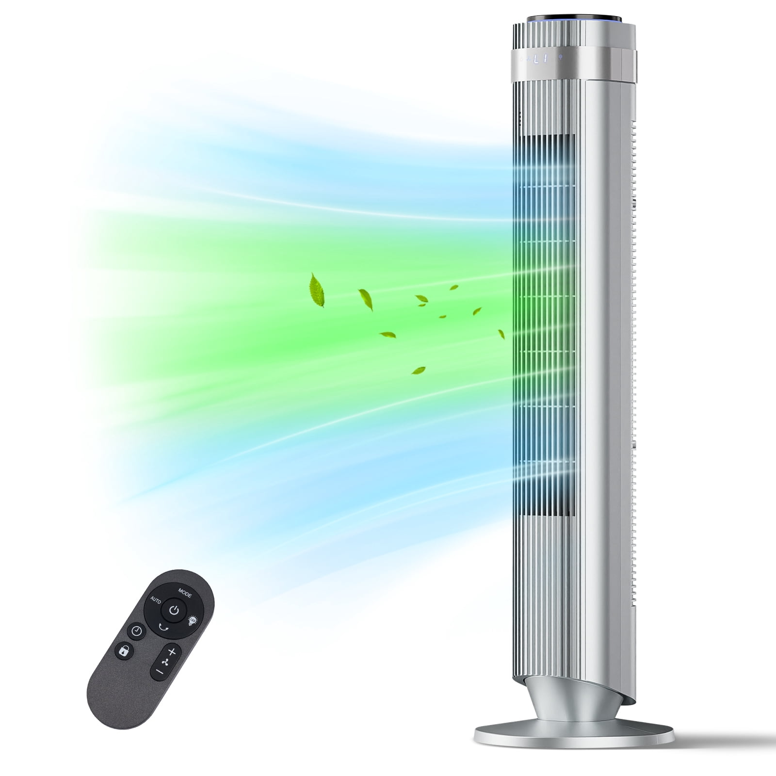 SHOUFTW 36 inch Tower Fan with Remote Control, Oscillating Bladeless Floor Fan, 5 Speeds and 4 Modes for Bedroom Home and Office, Silver