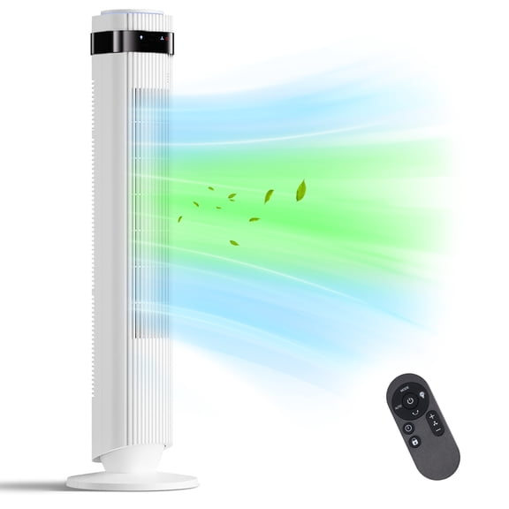 SHOUFTW Tower Fan Standing Bladeless, 23ft/s Velocity Quiet, 64° Oscillating with 5 Speeds, 4 Modes, 12H Timer for Indoor Bedroom, White